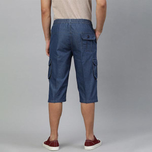 Men Navy Blue Solid Pure Cotton 3/4th Cargo Shorts